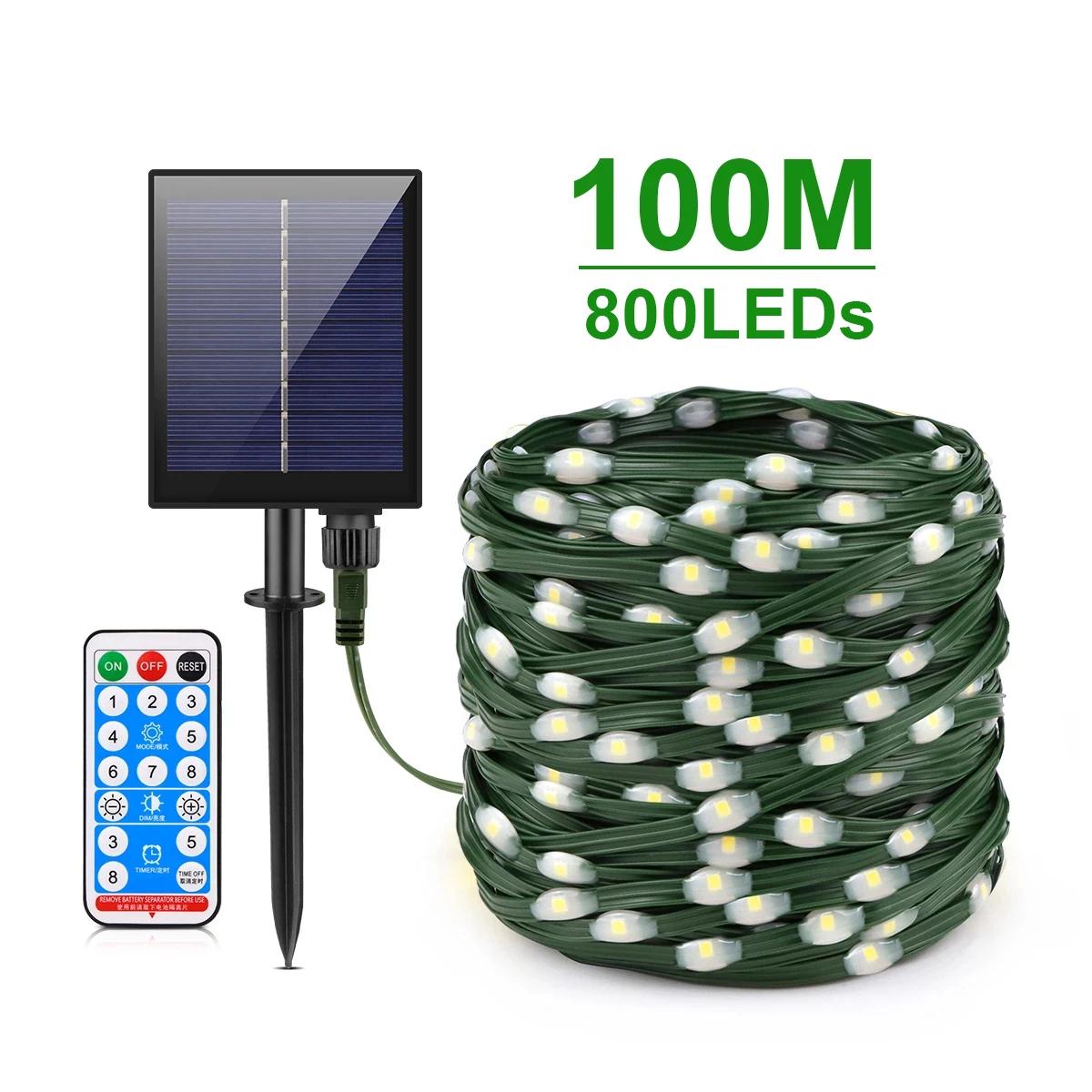 Guirlande solaire LED en cuir, 100M, lumières de noël, étanche, pour l'extérieur, lampe solaire haut