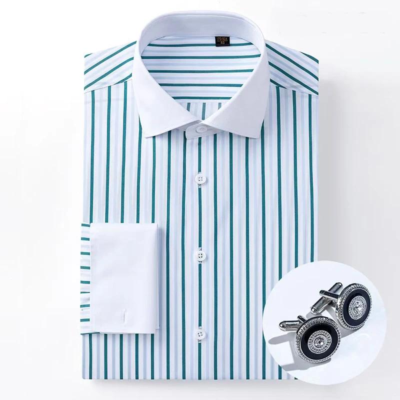 Chemise à col contrasté rayé sans fer pour hommes, haut de gamme, 200 points, quatre plis, pur coton
