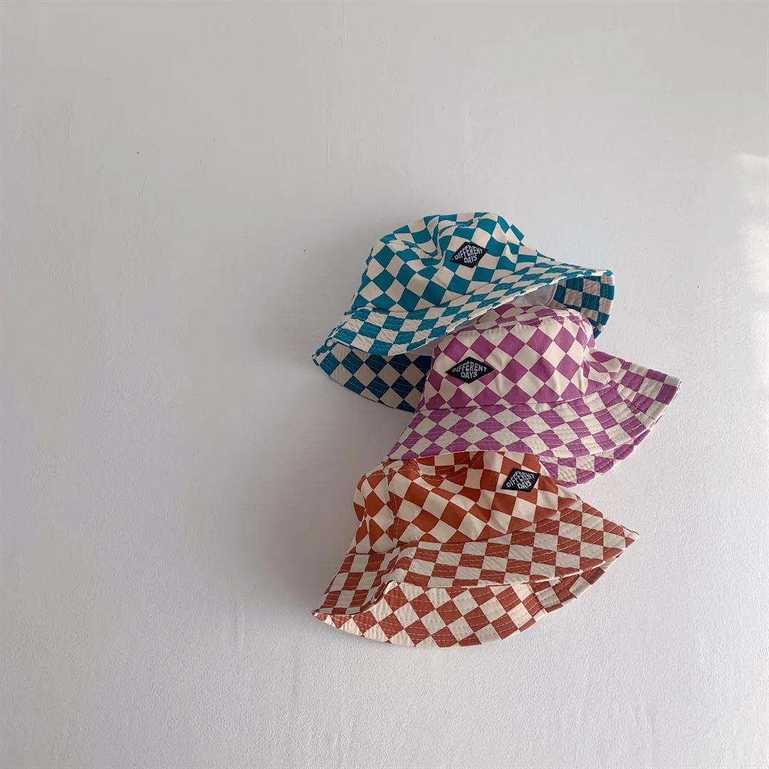Chapeau seau à motif damier pour enfants, mignon, à carreaux, pour bébés garçons et filles, chapeau