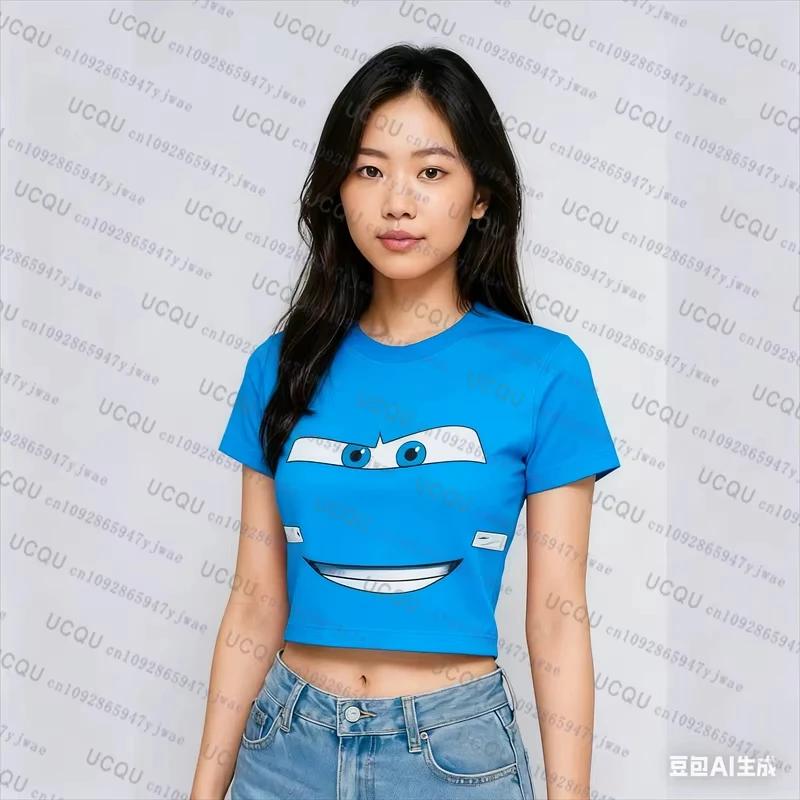 T-shirt court pour femme à imprimé Lightning McQueen Cars, manches courtes, style streetwear Y2K, co