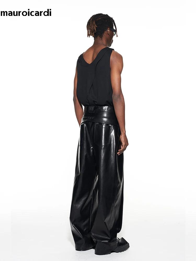 Mauroicardi-Pantalon Long en Cuir PU pour Homme, Baggy Décontracté, Noir Brcorporelle, Moulé, Verni,