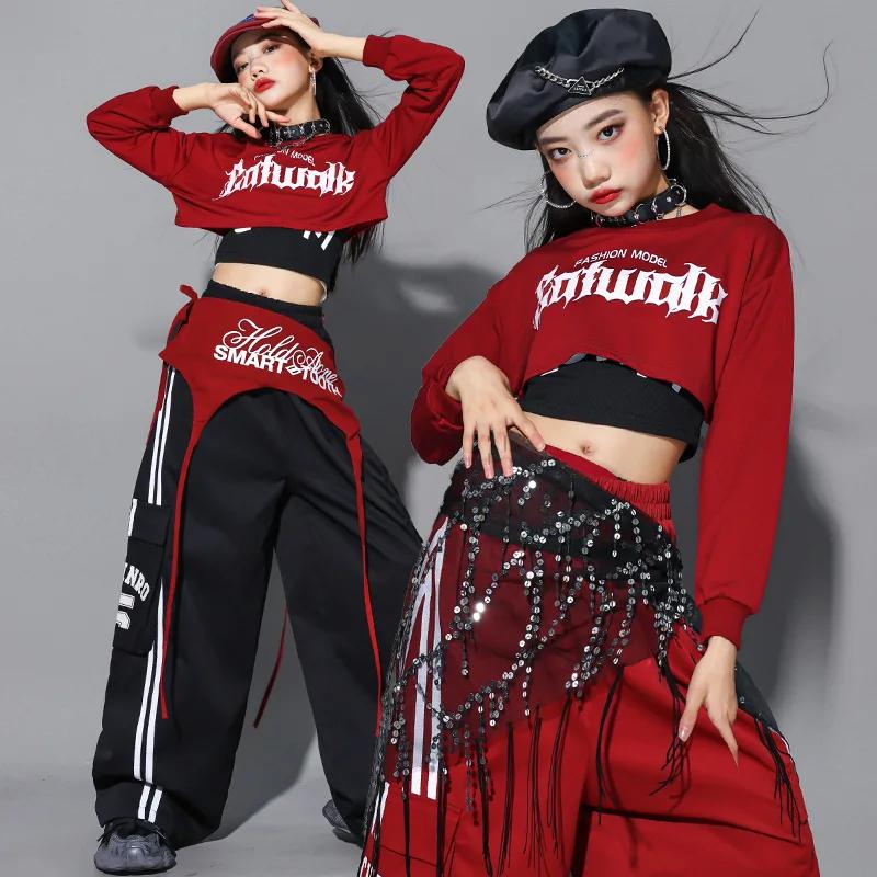 Ensemble de vêtements pour filles Hip Hop, sweat-shirt court à nœud rouge, pantalon cargo, costume d