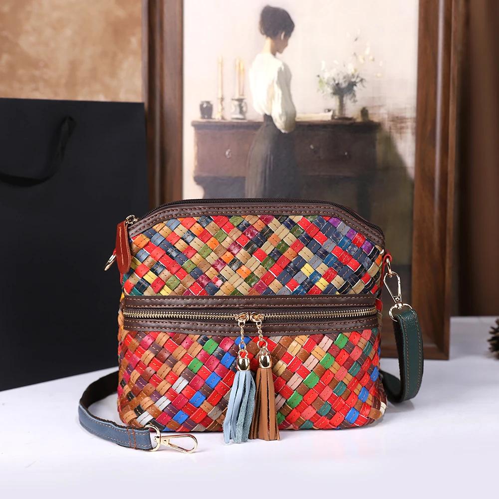 Sac à bandoulière en cuir épissé tissé à la main pour femmes, décontracté, léger, polyvalent, sangle