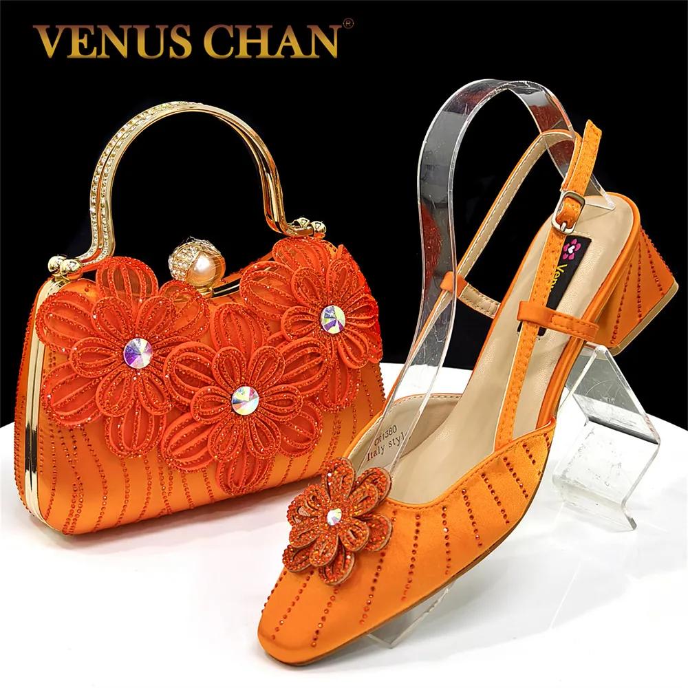 Venus Chan Ensemble de pochette élégante à talons orange et strass pour femme - Parfait pour les fêt