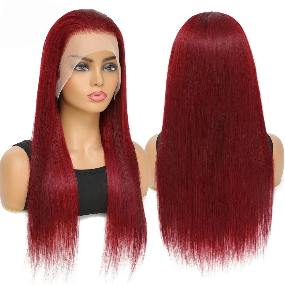 Perruque Lace Front Wig sans colle naturelle, cheveux lisses, bordeaux, HD, 5x5, 13x4, 13x6, pre-plu