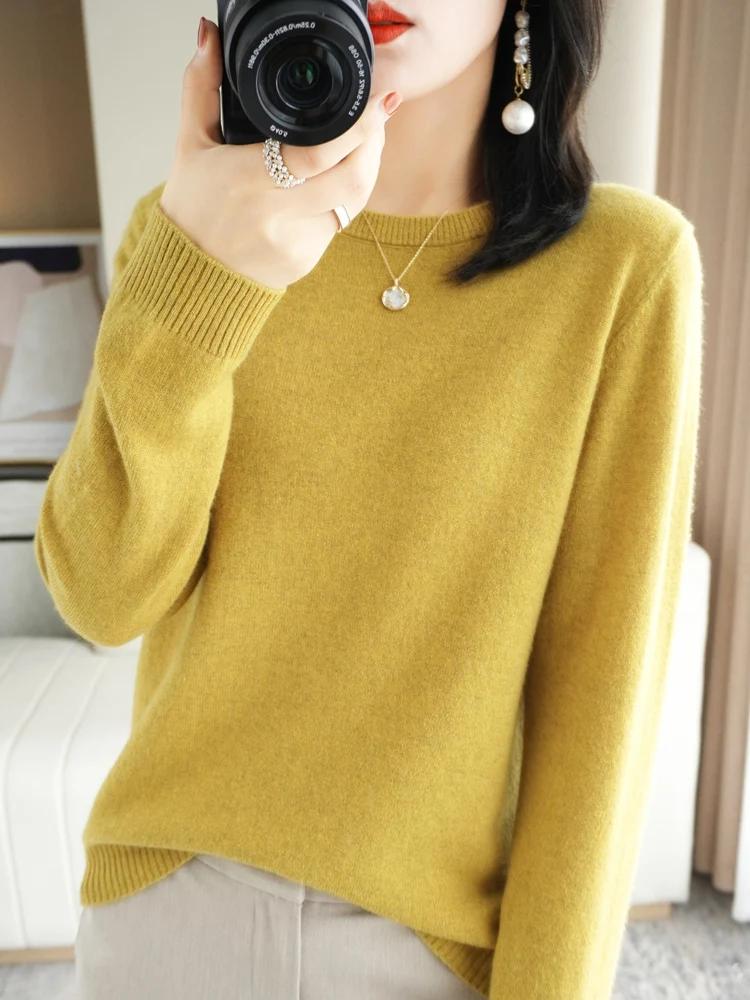 Pull en laine à manches longues et col rond pour femmes, pull basique, tricots en laine mérinos, sty