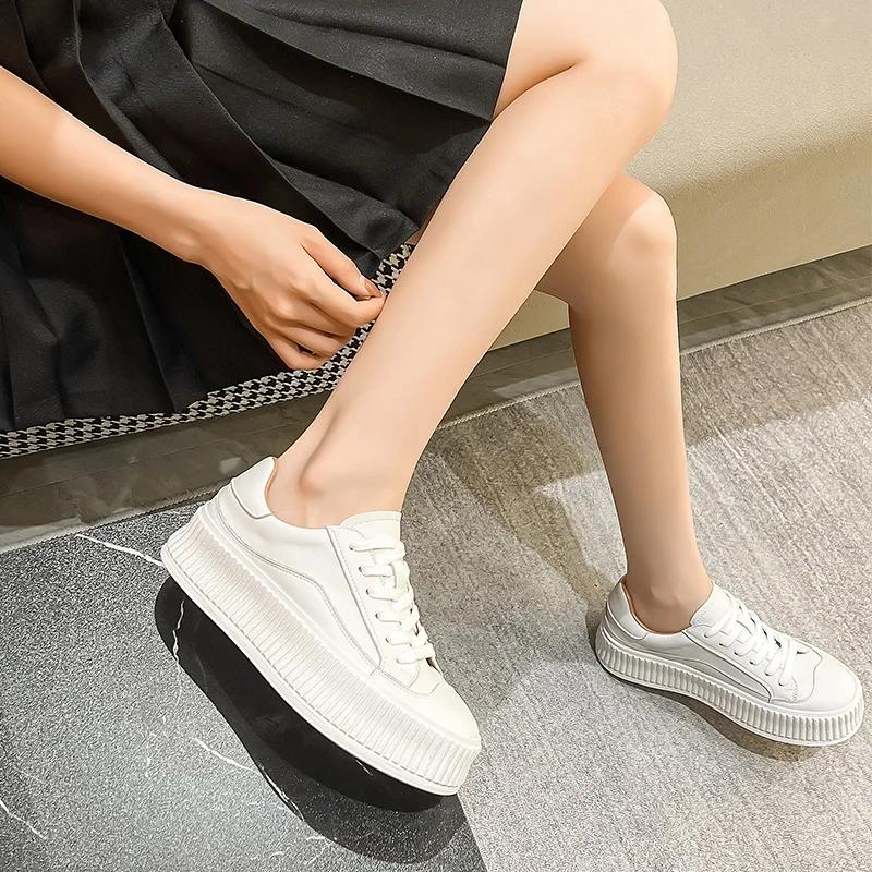 MORAZORA 2026 Nouvelles baskets décontractées à plateforme pour femmes, en cuir véritable, à lacets,