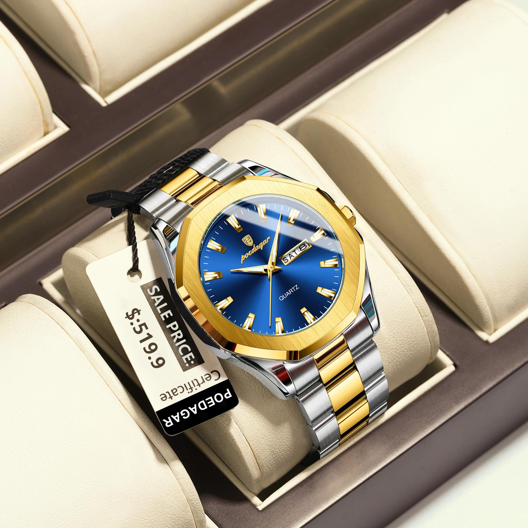 POEDAGAR-Montre-bracelet de luxe en acier inoxydable pour homme, étanche, Shoous, semaine, date, mod