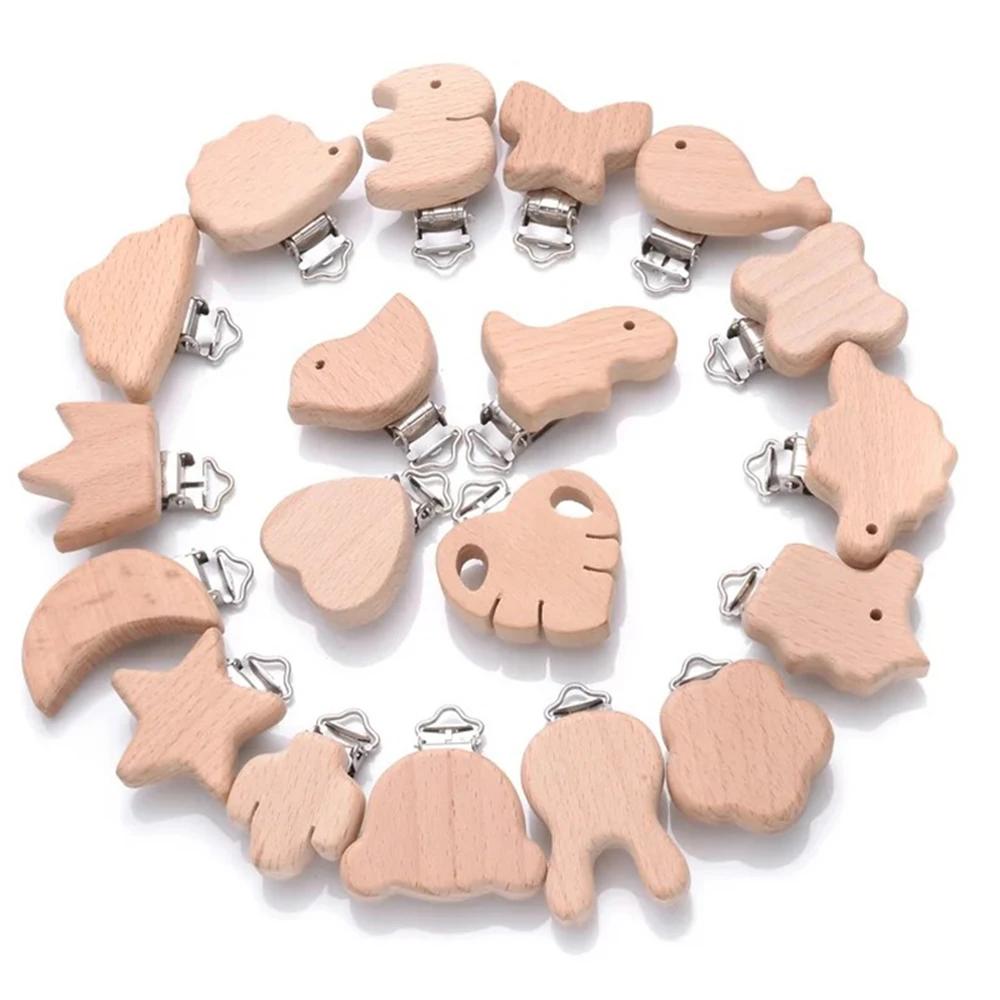 Sucette en bois de hêtre pour bébé, 5 pièces, sucette animale en bois de hêtre, support à Clips méta