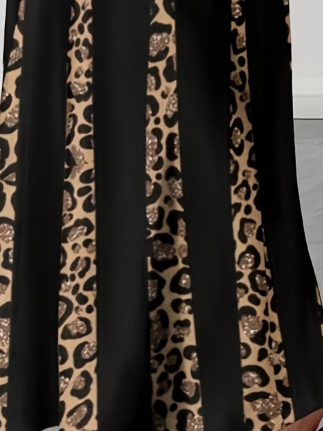 Robe maxi élégante à imprimé léopard, robe longue à manches longues tendance grande taille, vêtement