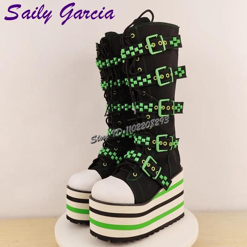 Bottes hautes à lacets avec bretelles à boucle verte, Punk, Patchwork, bout rond, plateforme, mode f