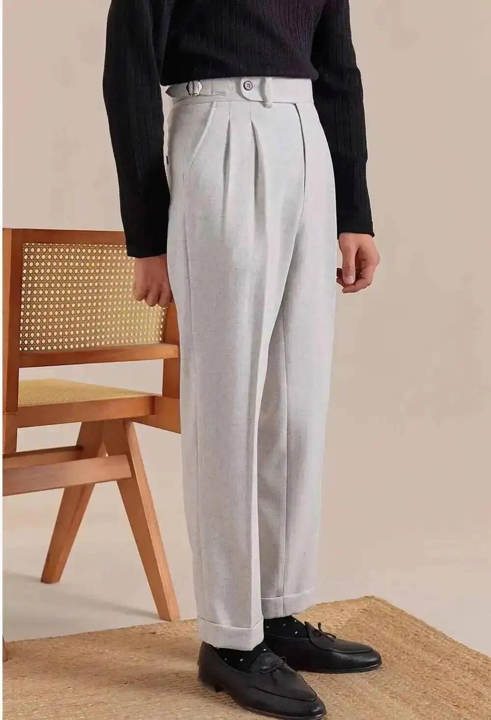 Naples taille haute lin Pantalon de Costume hommes respirant jambe droite Pantalon de bureau hommes
