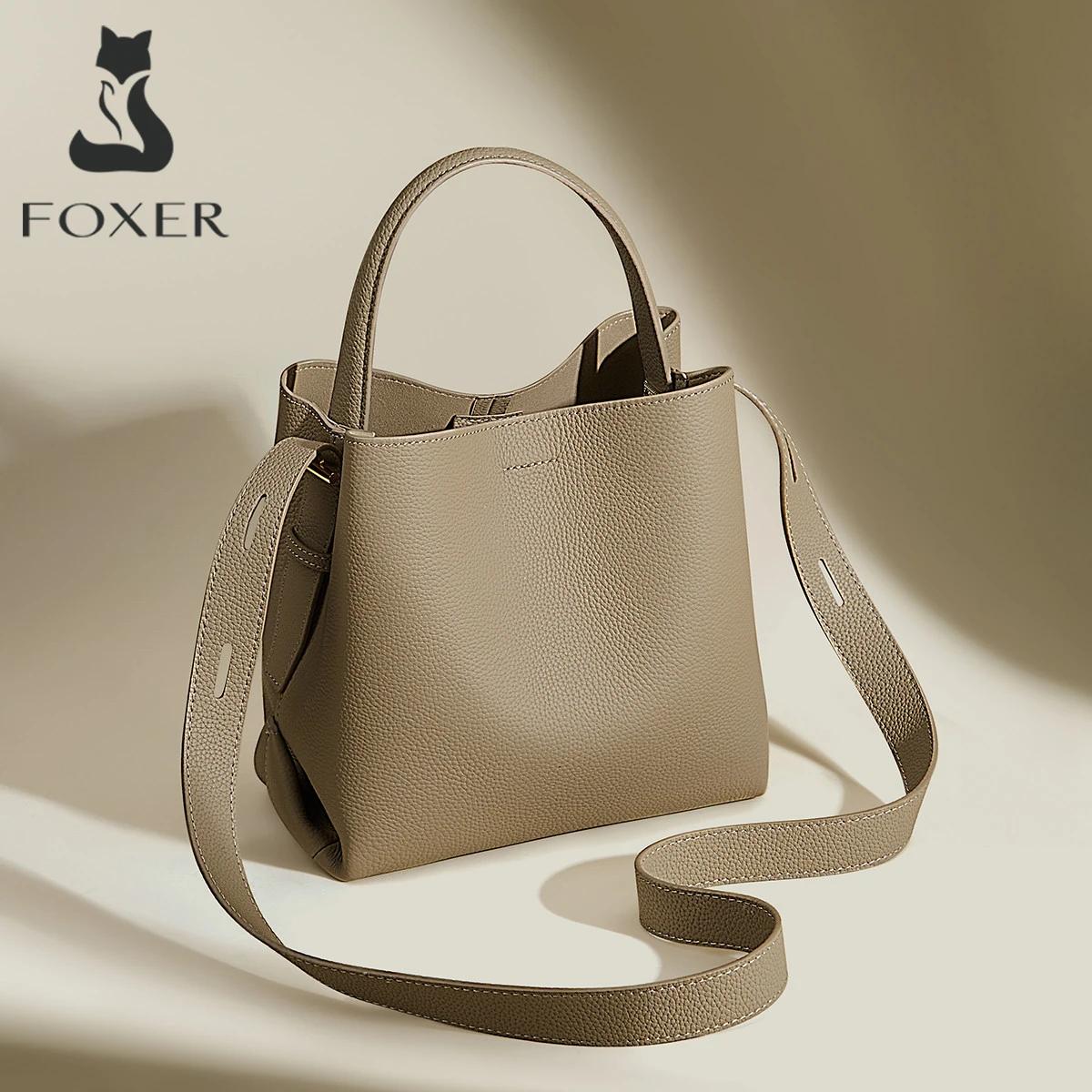FOXER Simple en cuir véritable sac à main femmes sac à bandoulière fourre-tout sac seau grande capac