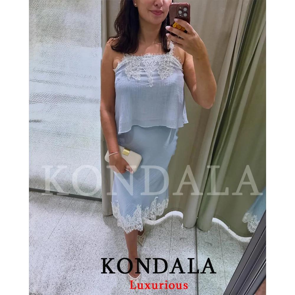 KONDALA Ensemble Jupe Chic et Sexy pour Femme, Haut Caraco en Dentelle et Jupe Longue Droite, Tendan