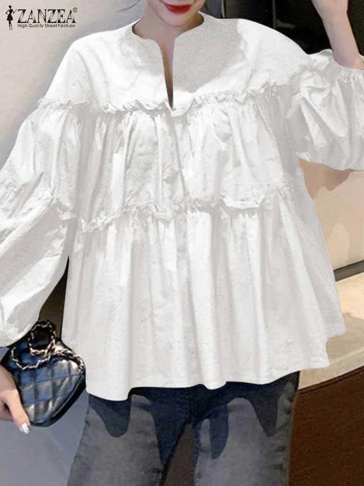 ZANZEA mode femmes à manches longues bouffantes Blouse automne printemps Eelgant chemise volants Blu