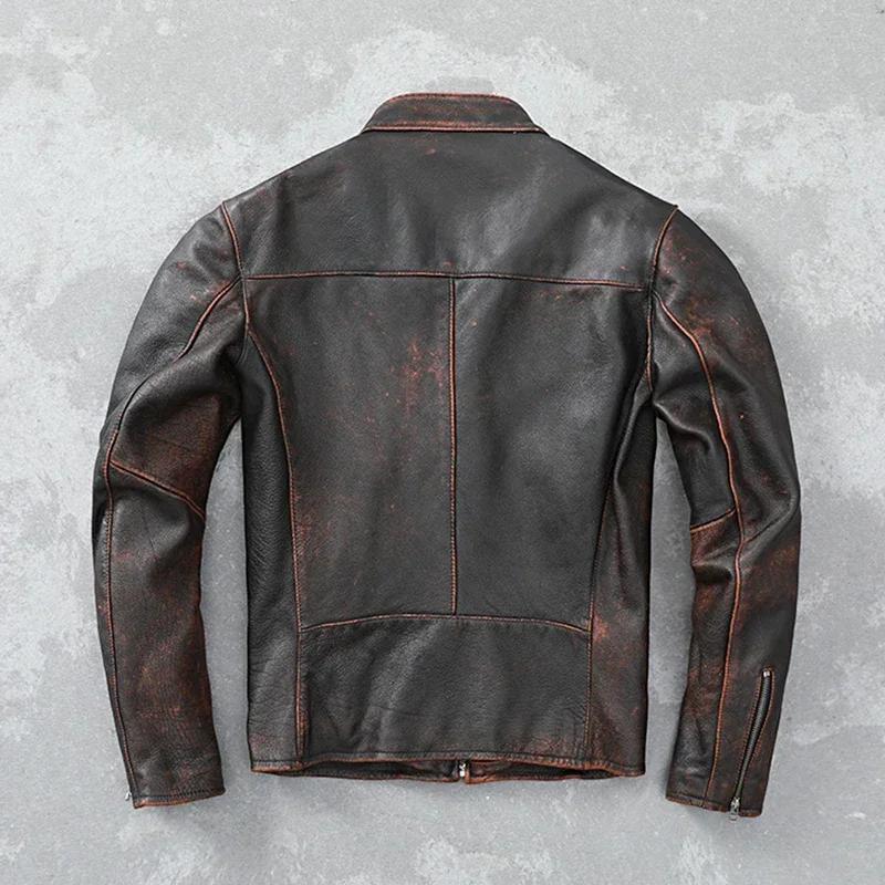Blouson en cuir homme, court et slim, vintage, rouge, marron, automne