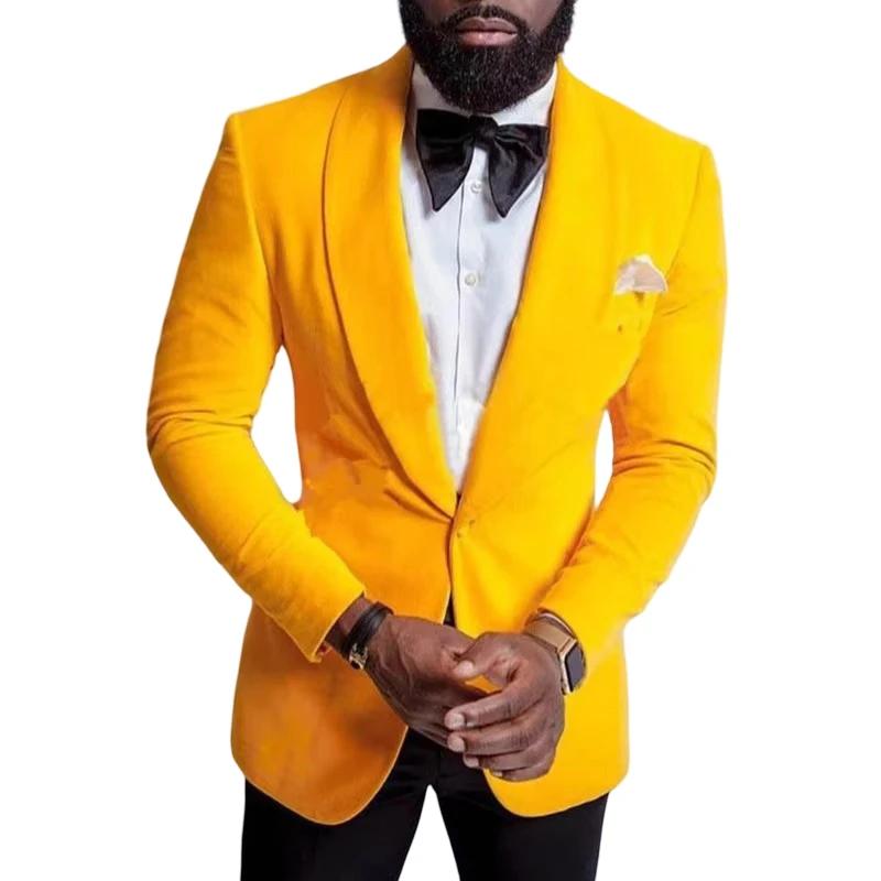 Velours jaune hommes costume veste une pièce bal Blazer pour mariage garçons d'honneur châle revers