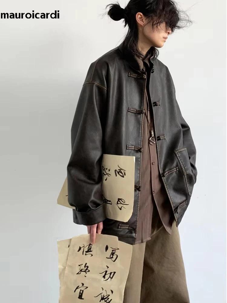 Mauroicardi-Veste en cuir PU vintage pour homme, design de luxe élégant, vêtements de style chinois,