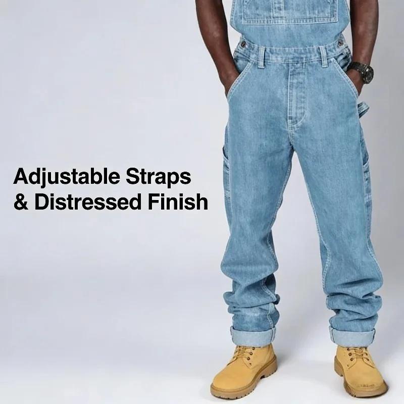 Salopette en jean déchirée et vieillie pour homme, coupe droite, style streetwear