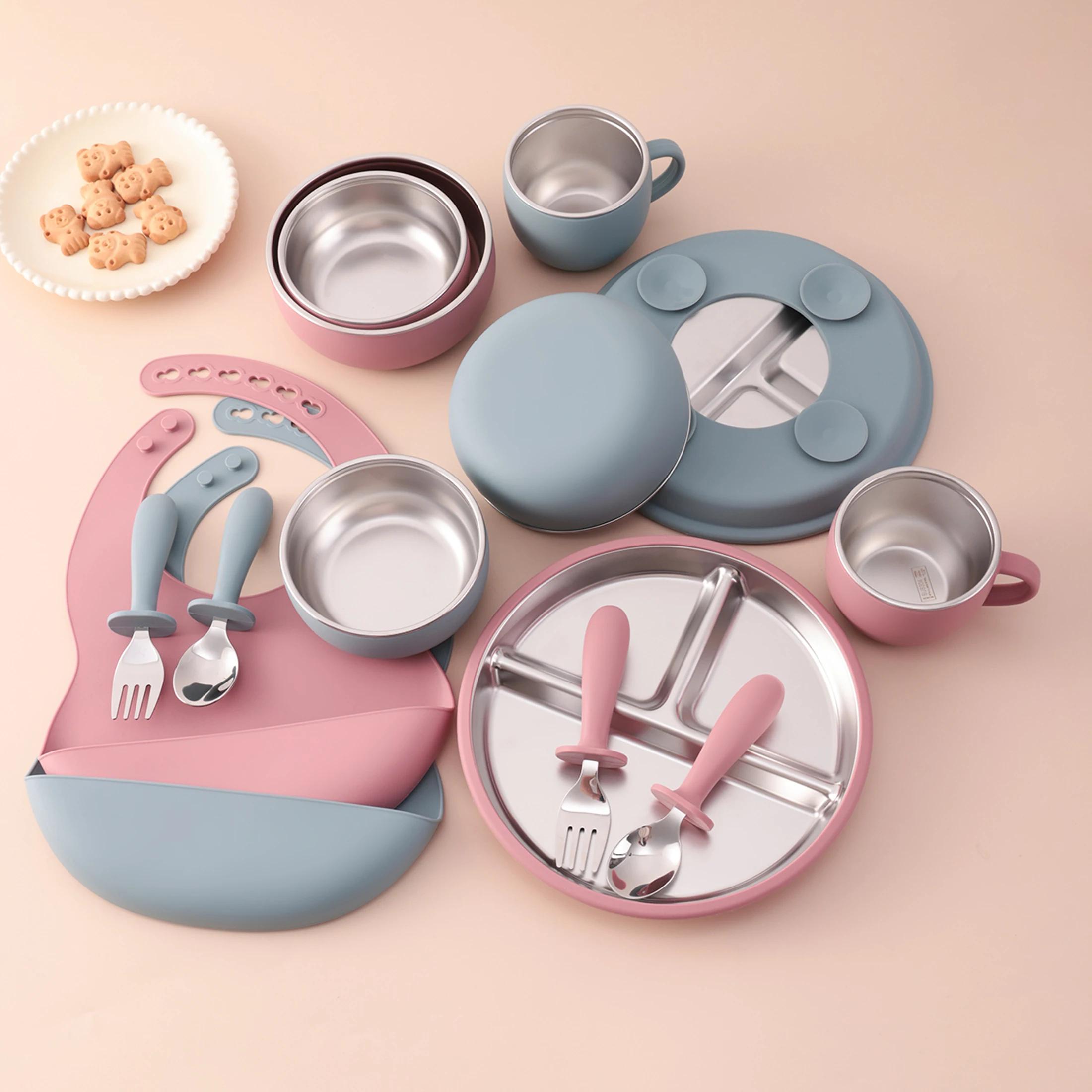 Couleur enfants 7 pièces en acier inoxydable et Silicone ensemble d'alimentation ventouse plats assi