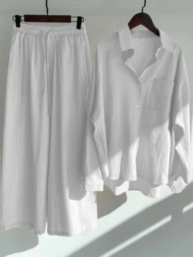 Costume chemise en coton et lin pour femmes, nouvelle tendance, taille haute, pantalon ample, ensemb