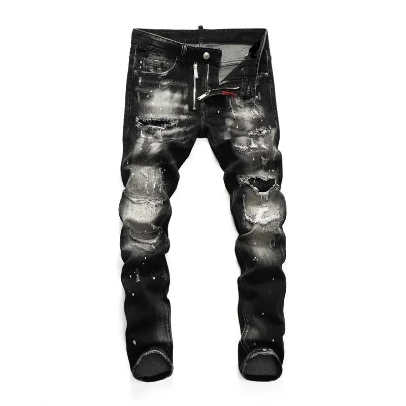 Haute qualité rue mode hommes jean rétro bleu élastique coupe ajustée déchiré jean hommes broderie c