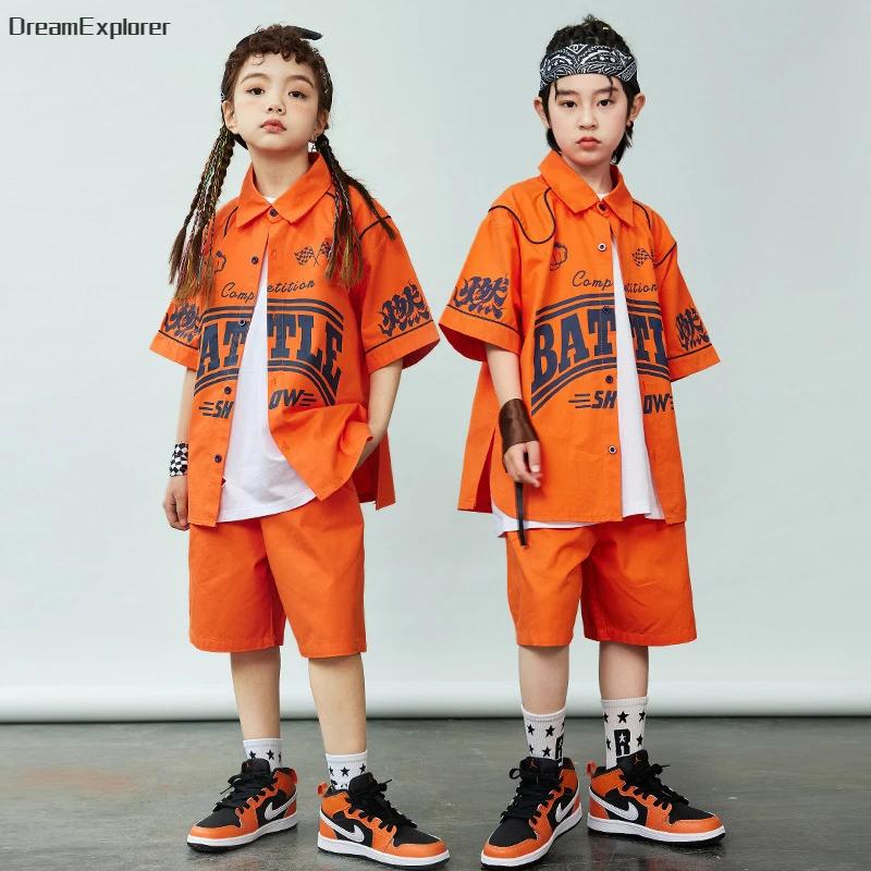 Chemise orange à manches courtes pour garçons et filles, ensembles de vêtements Hip Hop, shorts de d