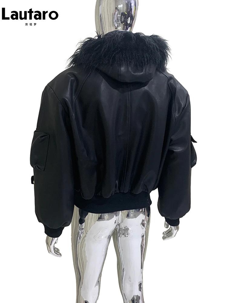 Mauroicardi automne hiver court surdimensionné noir chaud veste en cuir Pu hommes avec fausse fourru