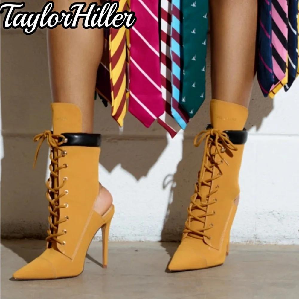 Gladiateur talons Patchwork avant à lacets bottes bout pointu chaussons aiguilles femmes luxe chauss