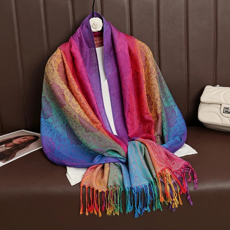 Couleurs arc-en-ciel hiver chaud épais Style ethnique Jacquard écharpe femmes voyage musulman Hijab