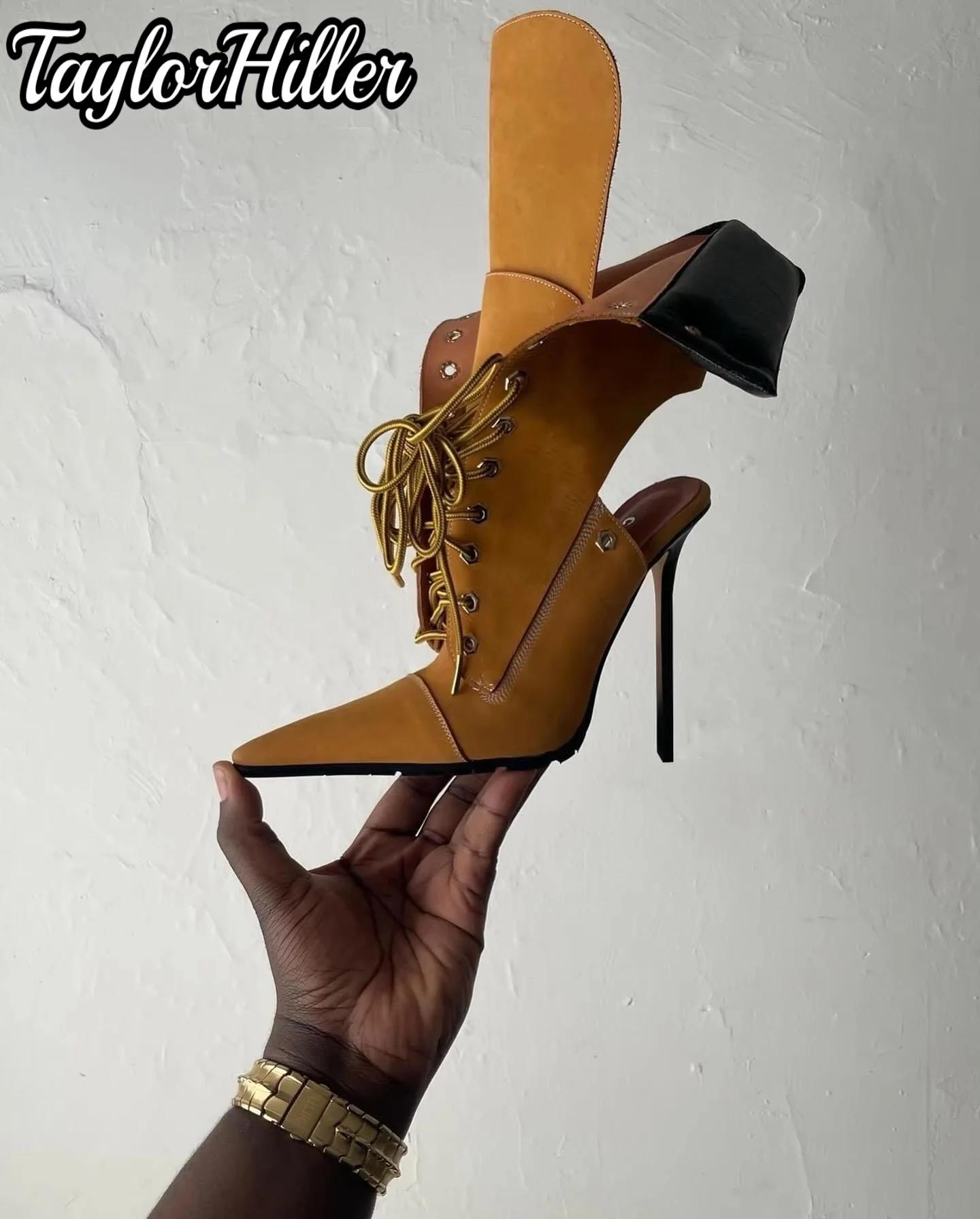 Gladiateur talons Patchwork avant à lacets bottes bout pointu chaussons aiguilles femmes luxe chauss