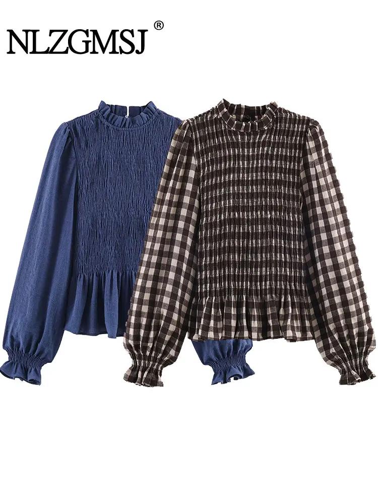 Nlzgmsj 2025 Vintage Chic marron chemises à carreaux femmes à manches longues Blouses pli mode décon