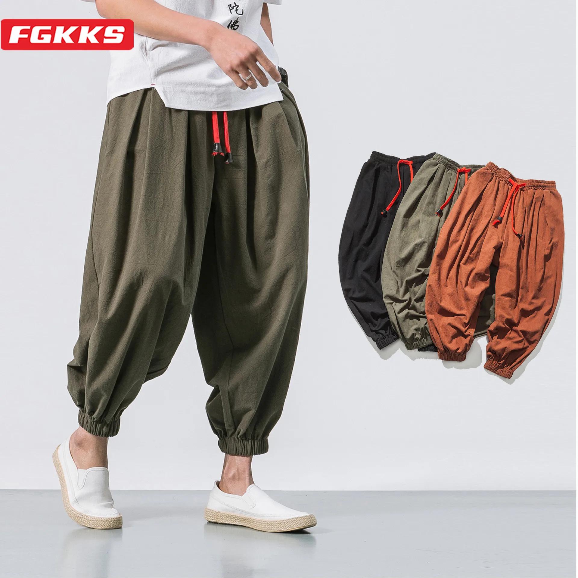 FGKKS printemps hommes sarouel ample lin chinois surpoids pantalons de survêtement de haute qualité