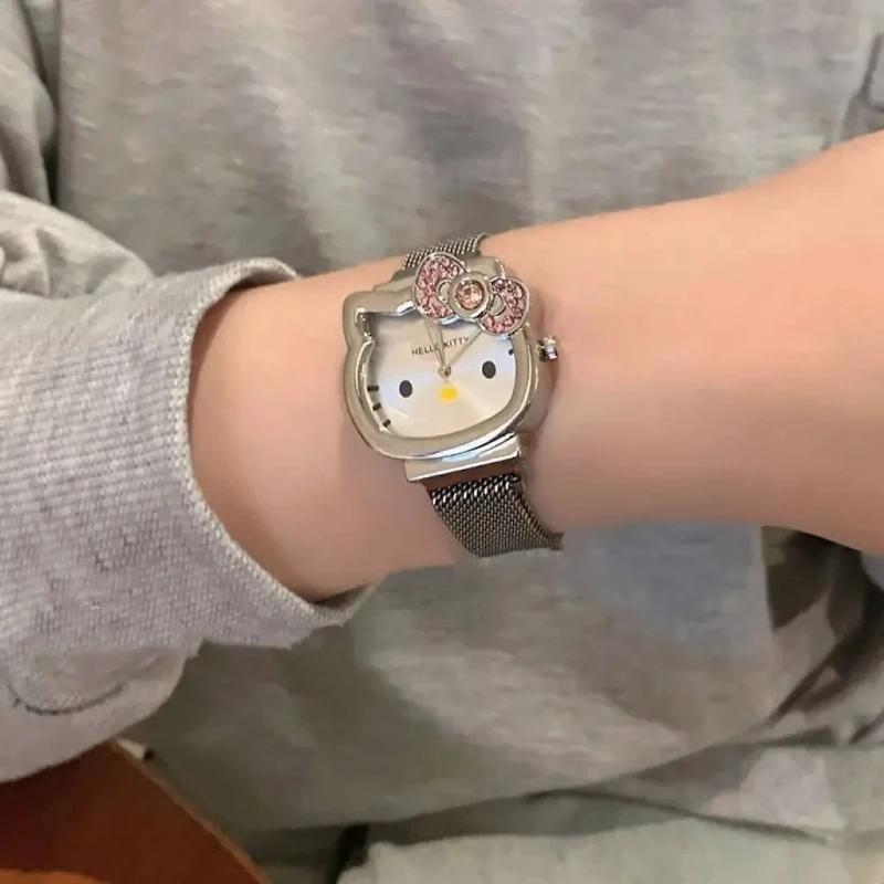 Montre à quartz tendance Sanrio Anime Hello Kitty avec nœud, montre à quartz avec petit cadran magné