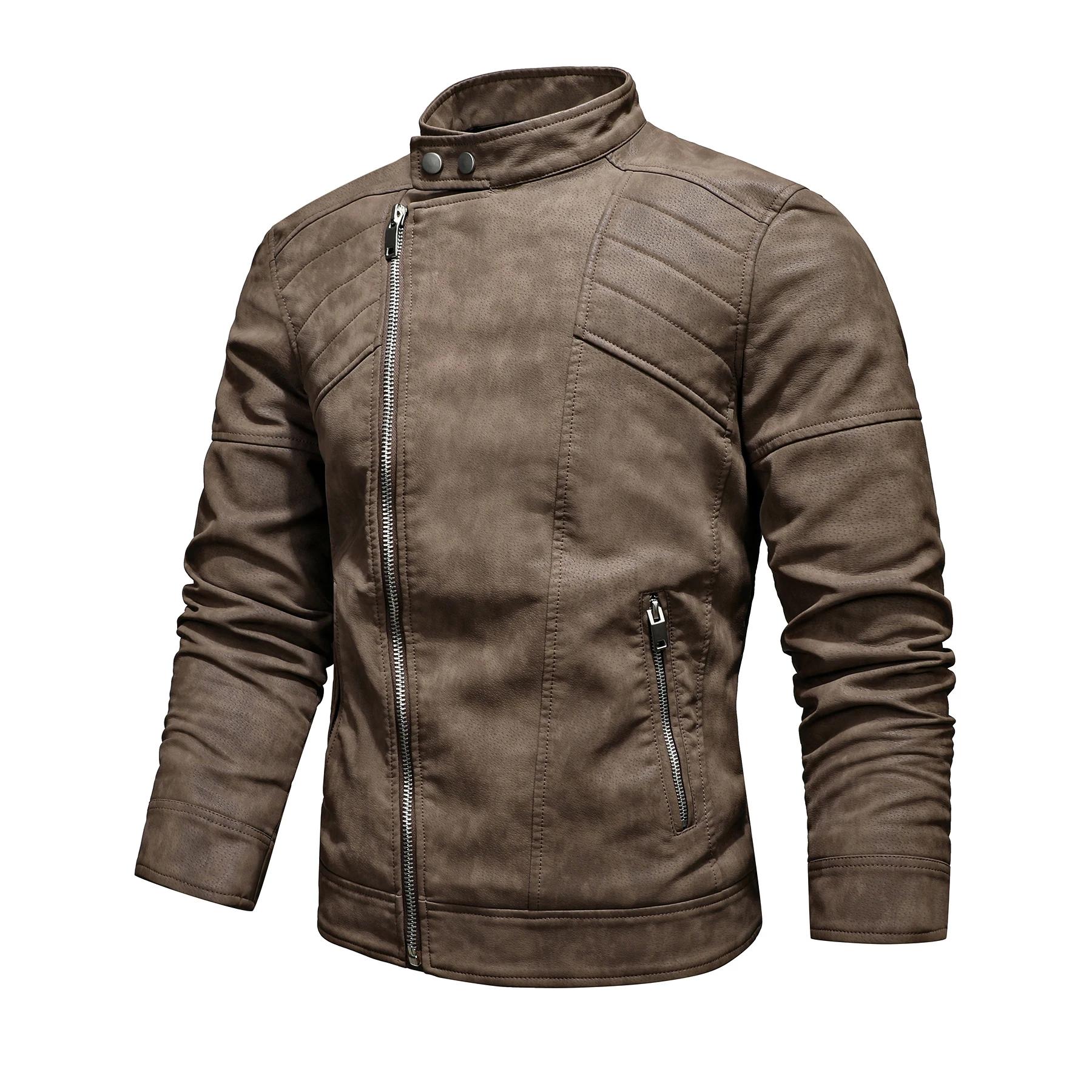 Veste en cuir PU pour hommes, avec polaire, grand revers, fermeture éclair diagonale sur le devant,