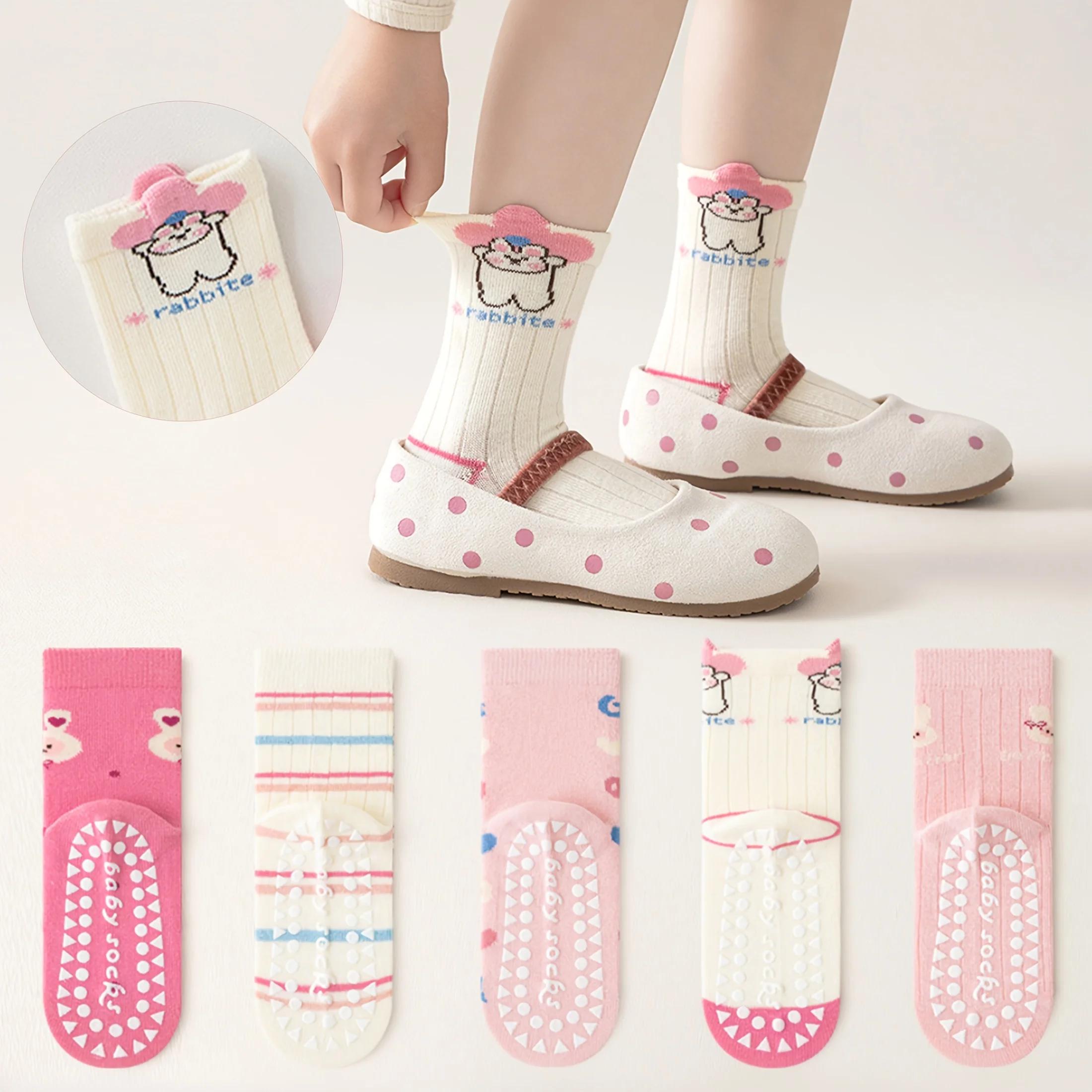 Lot de 5 chaussettes de sol pour enfants avec motifs lapin 3D et motifs floraux, points antidérapant