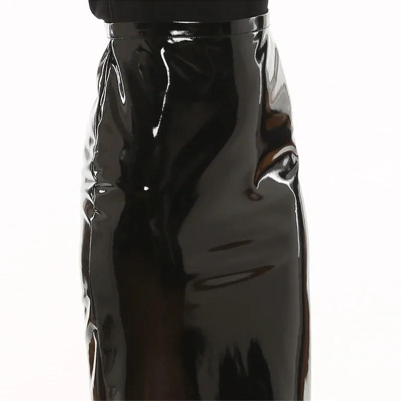 Jupe crayon en Faux Latex pour femme, taille haute, moulante, ourlet fendu, bureau, brillant, en cui