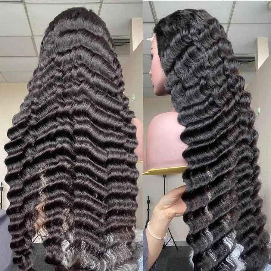 Perruque Lace Front Wig Deep Wave brésilienne naturelle, cheveux humains, 13x6, 13x4, pre-plucked, p