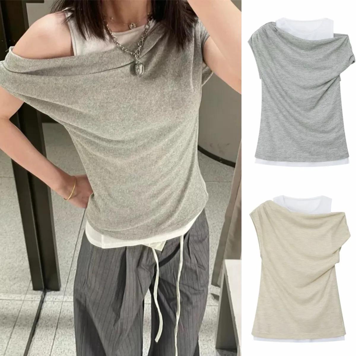 ETJ 2025 nouvelle mode femme couleur-blocage et patchwork faux deux pièces sexy épaules dénudées T-s