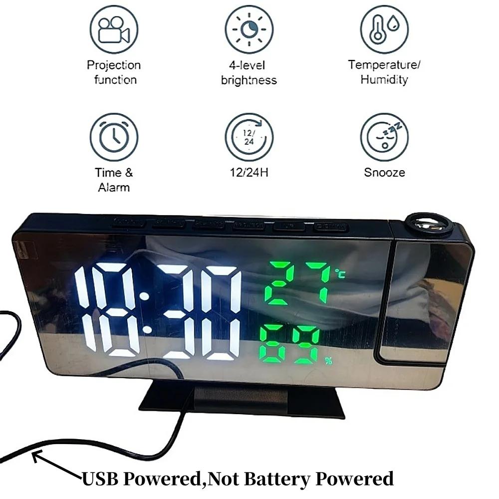 180 ° Réveil numérique à projection rotative, température, humidité, mode nuit, fonction snooze, 1