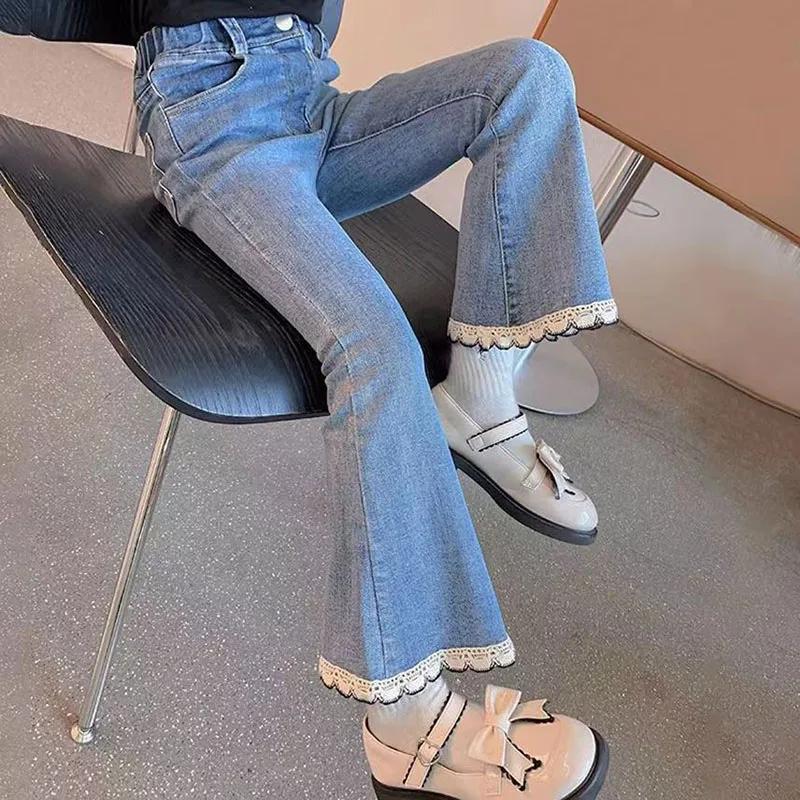 Jeans en dentelle perlée pour adolescentes, pantalons en denim pour filles, pantalons monochromes à