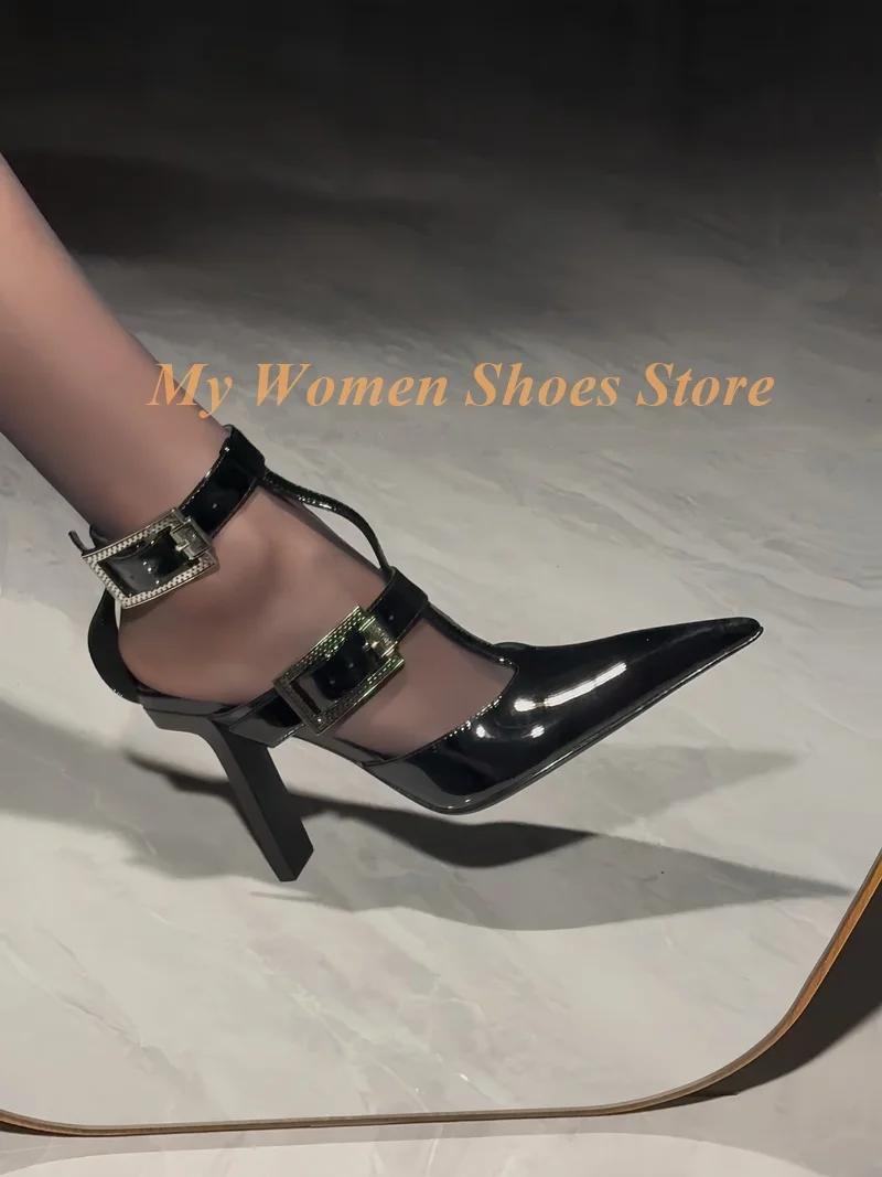 Escarpins noirs en cuir verni à bride en T, talons hauts, bride à boucle, bout pointu sexy, photo ré