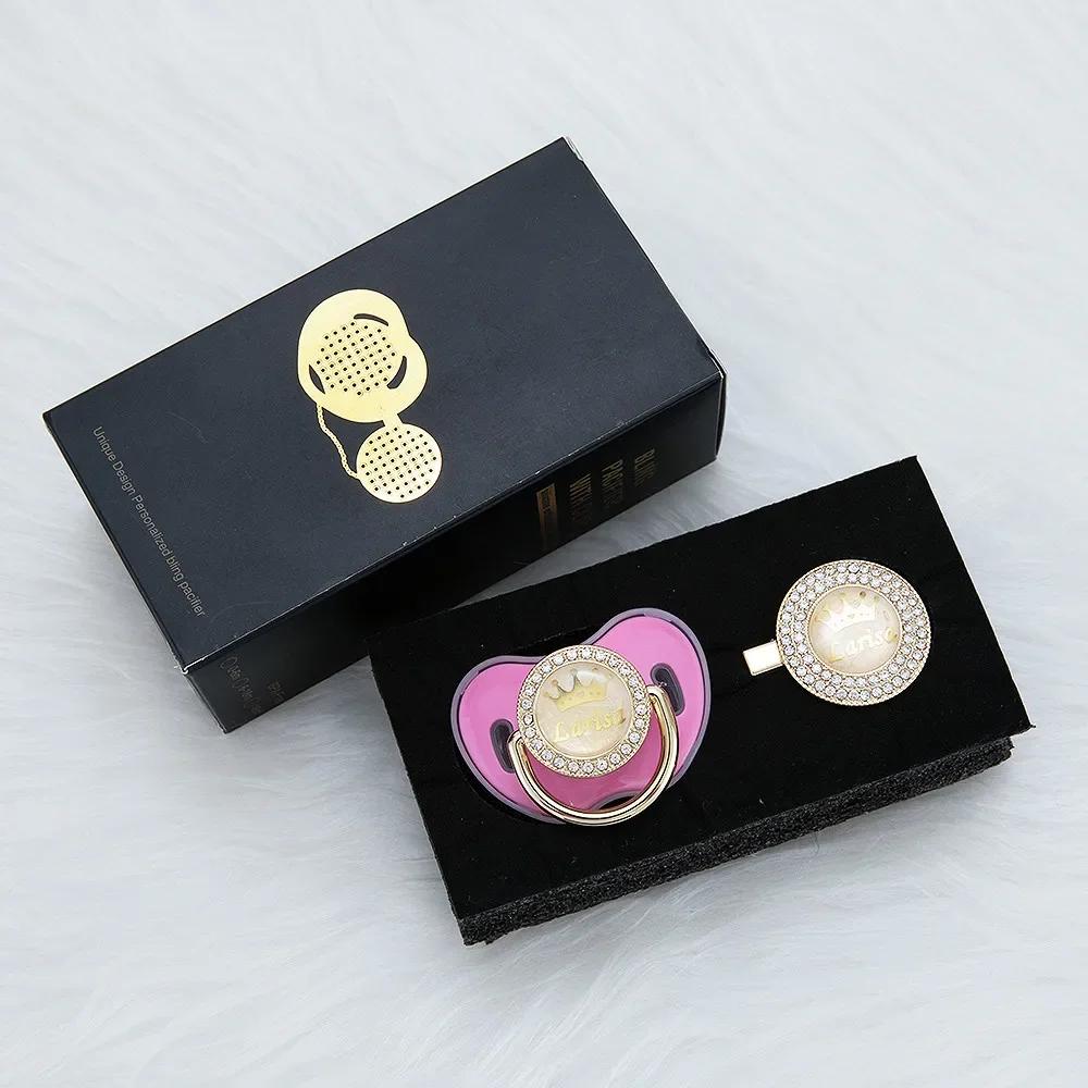 MIYOCAR-Ensemble de sucette et attache-tétine avec couronne en or rose scintillant, nom personnalisé