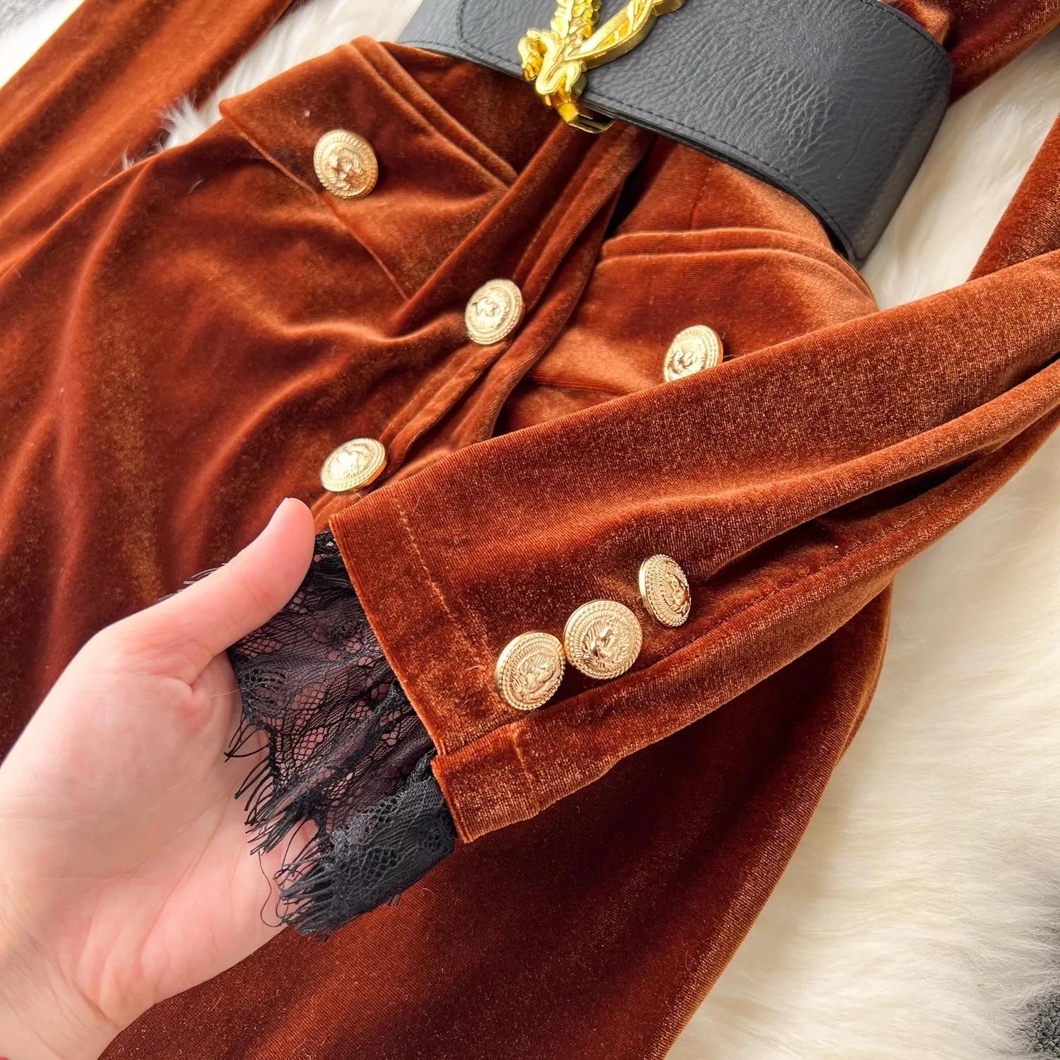 Robe en velours pour femmes, élégante, col en v, manches longues, mode, boutons moyens, gaine fendue