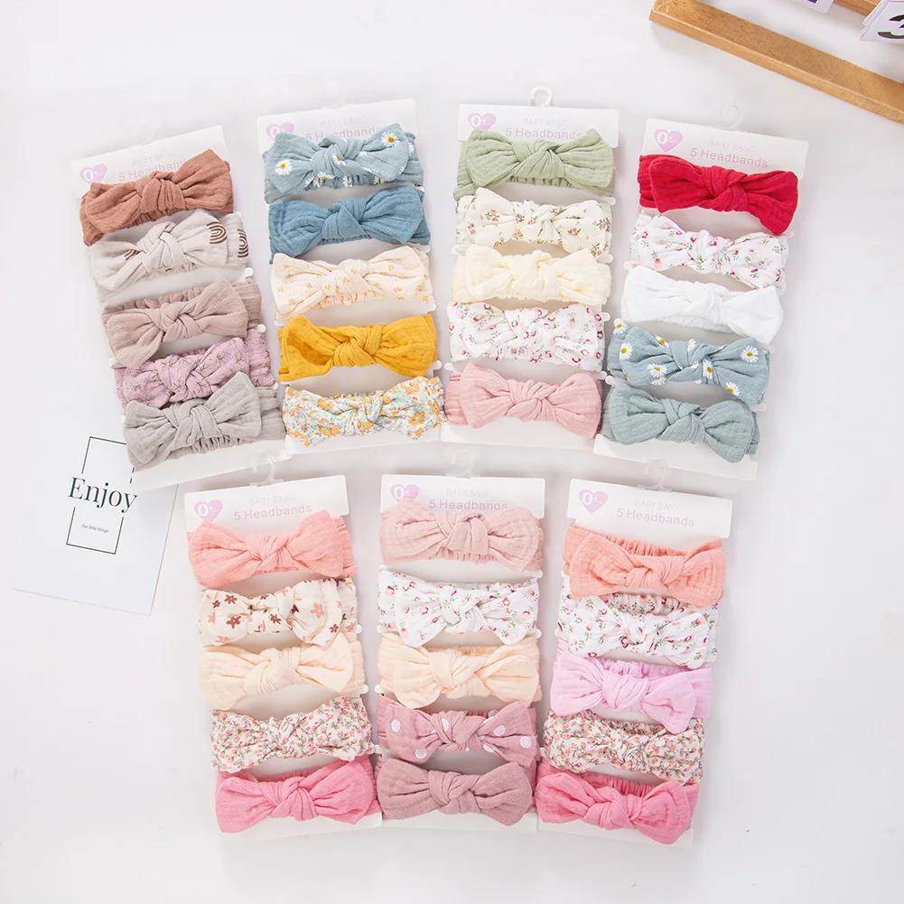 5 pièces/ensemble solide mousseline coton lin bébé bandeau élastique lapin oreille bandeau de cheveu