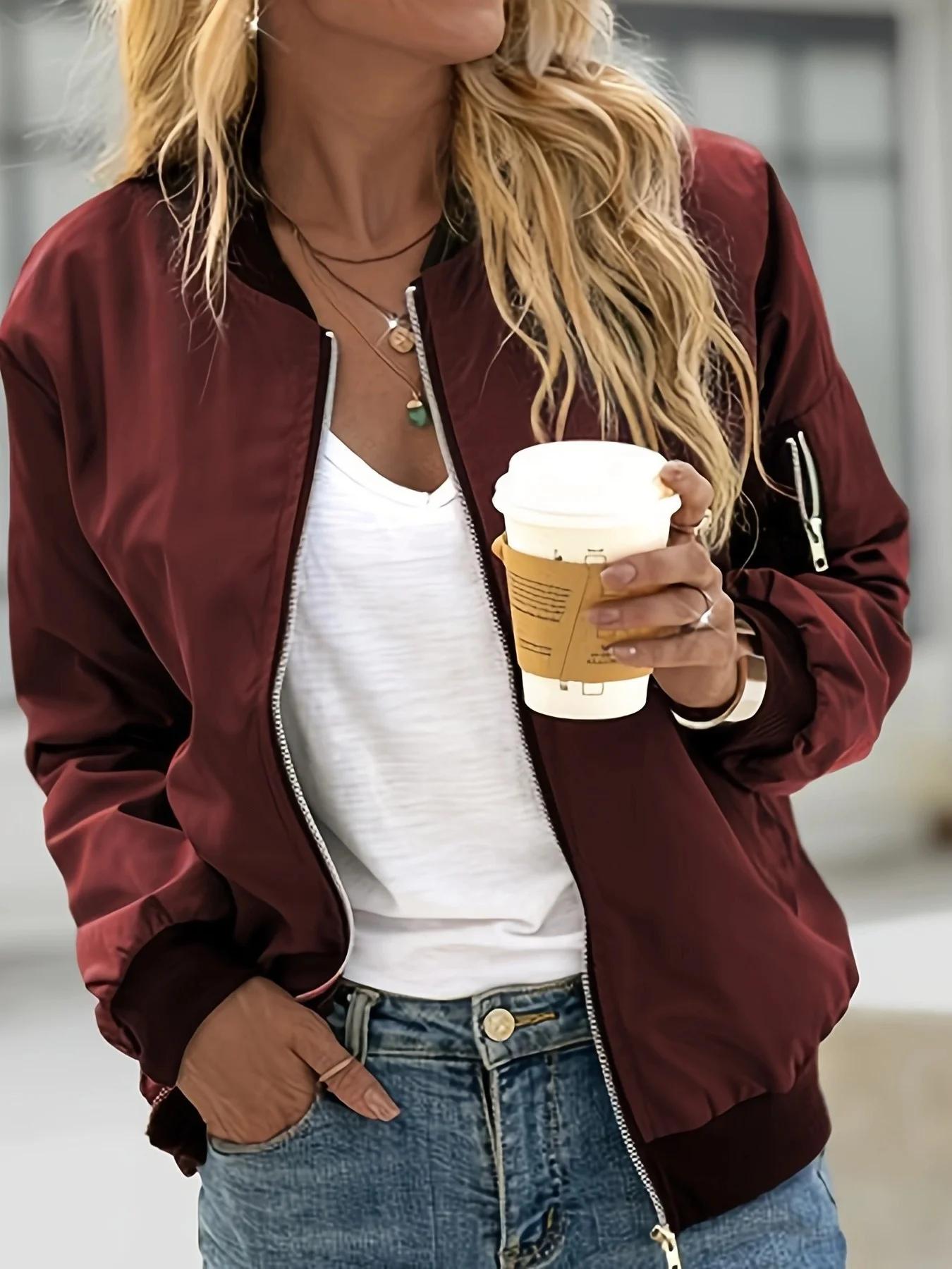Veste bomber décontractée pour femme à manches longues avec fermeture éclair, coupe-vent léger avec