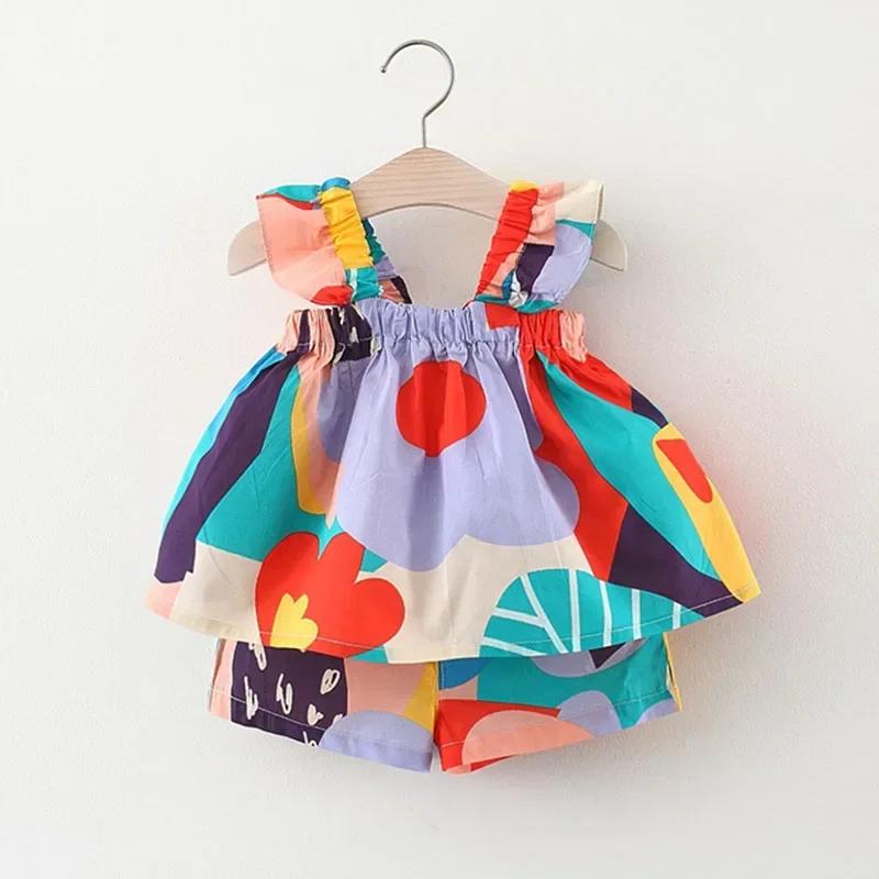 Ensemble de vêtements d'été pour bébés filles, haut à bretelles, couleur assortie, gilet à fleurs +