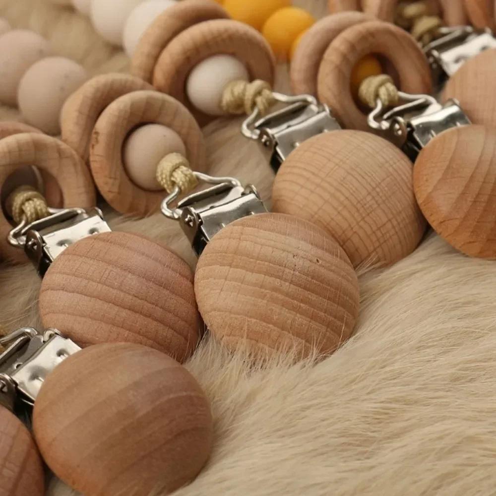 Clips de sucette en bois de hêtre naturel, 5/10 pièces, porte-factice, chaîne, pince à tétine en boi