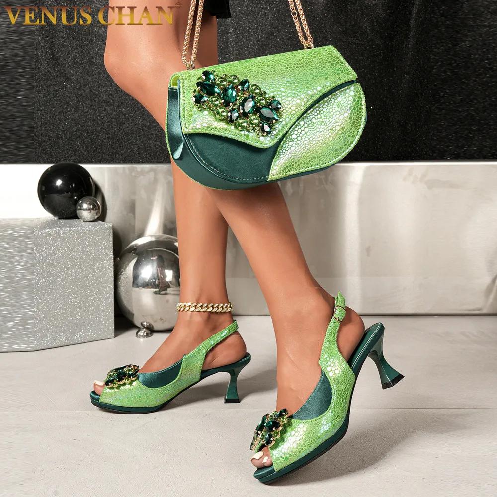Ensemble de chaussures et de sacs africains à strass, nouveau design vert, talons confortables à bou