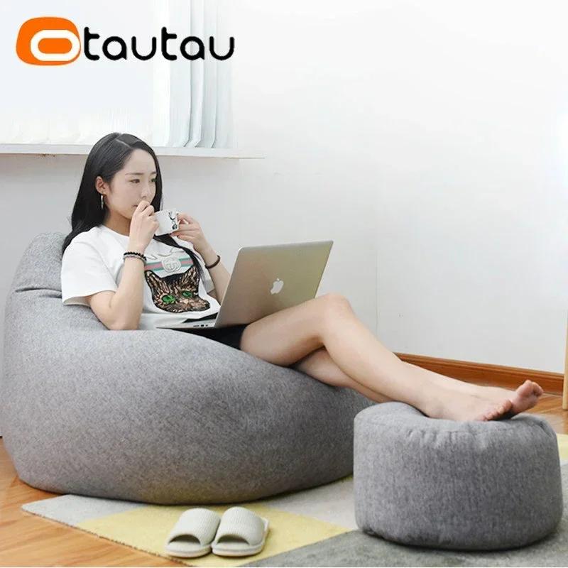 OTAUTAU Chaise de pouf en lin avec remplissage Pouf Ottoman Repose-pieds Tatami Tabouret rond Futon